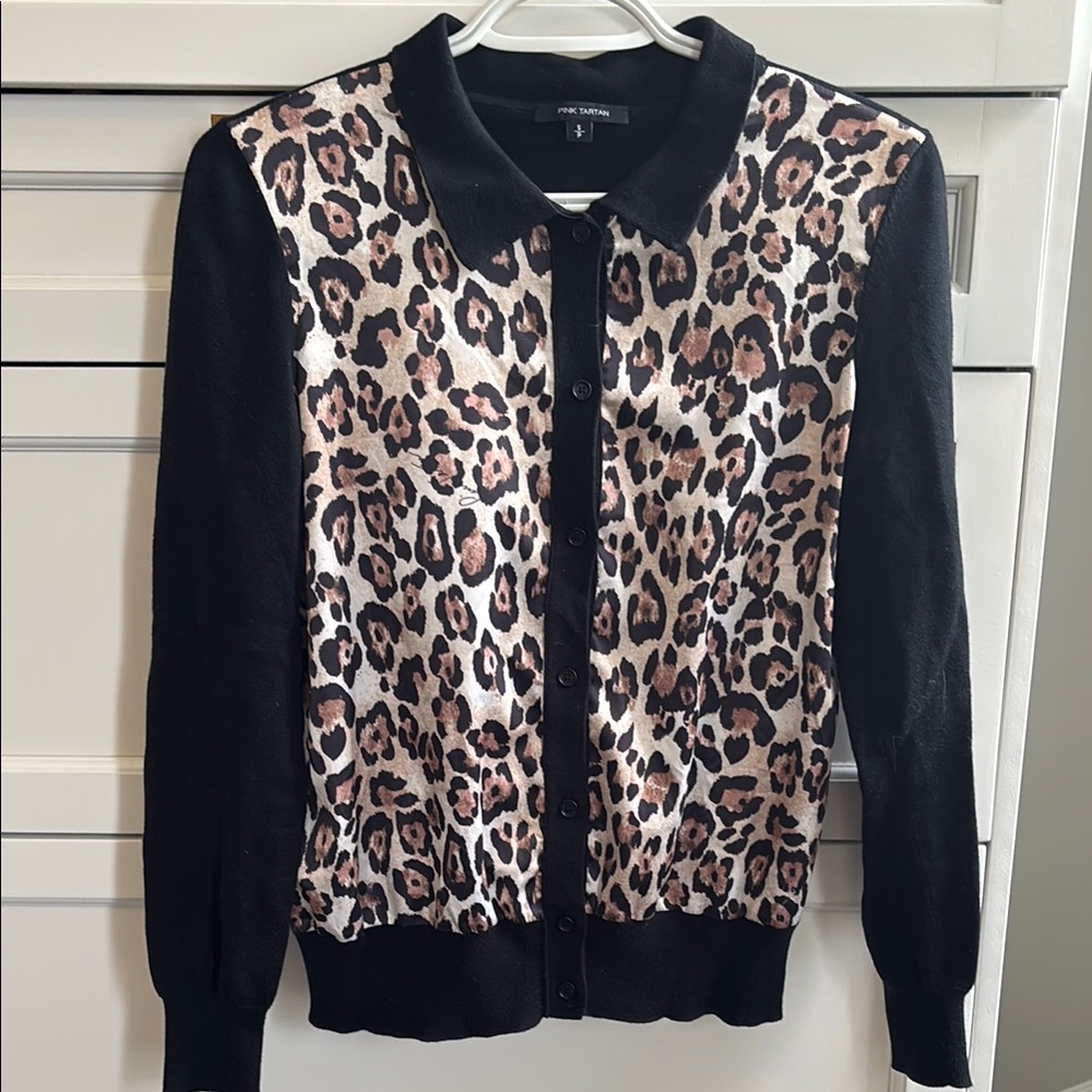 Pink Tartan Black and Brown Leopard Print Cardigan